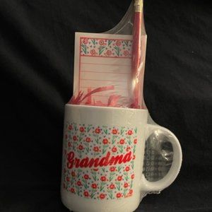 1992 Grandma Mug Set  Red Green Floral Design  White Mug Pad Pencil  NWOT